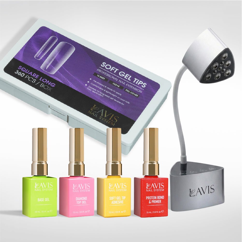 Lavis - Soft Gel Tips & Mini Desktop Nail Lamp Rose Gold/Silver Kit - Square Long Clear - DTK Nail Supply