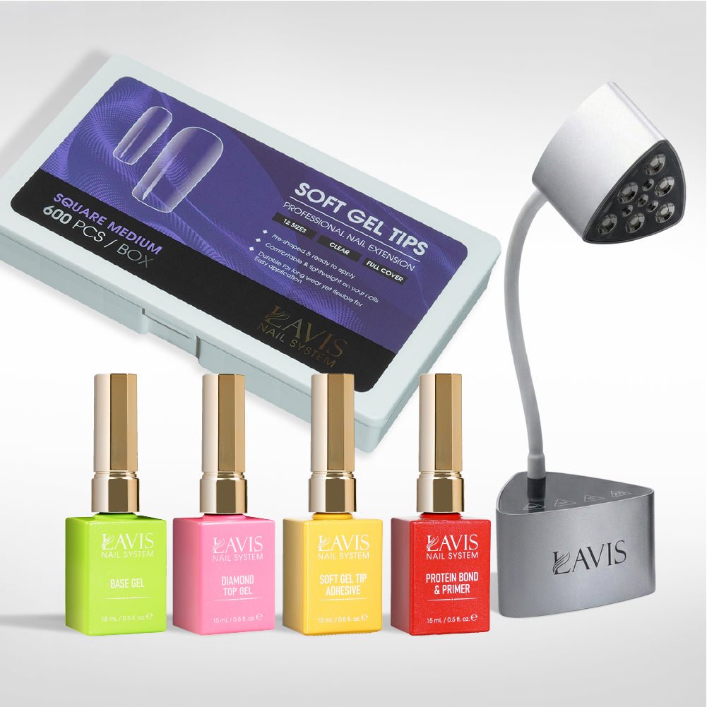 Lavis - Soft Gel Tips & Mini Desktop Nail Lamp Rose Gold/Silver Kit - Square Medium Clear - DTK Nail Supply