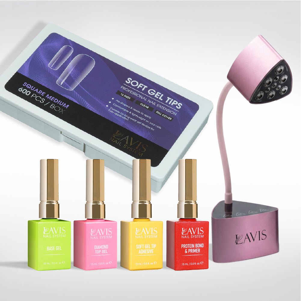 Lavis - Soft Gel Tips & Mini Desktop Nail Lamp Rose Gold/Silver Kit - Square Medium Clear - DTK Nail Supply