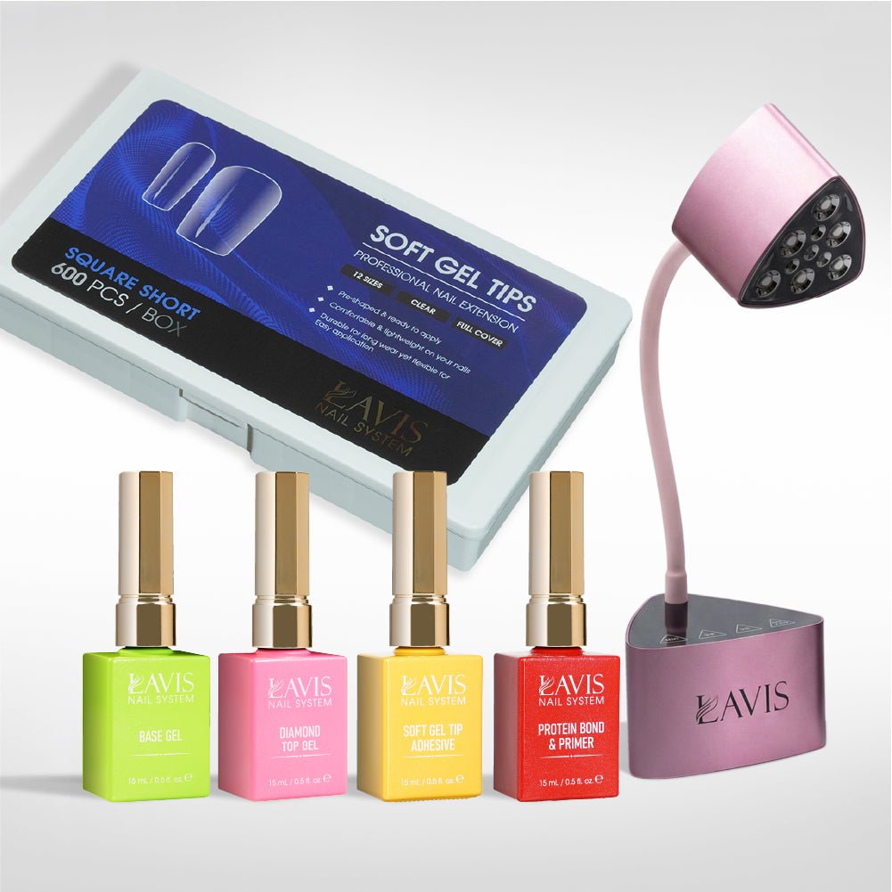Lavis - Soft Gel Tips & Mini Desktop Nail Lamp Rose Gold/Silver Kit - Square Short Clear - DTK Nail Supply