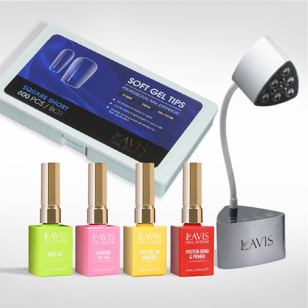 Lavis - Soft Gel Tips & Mini Desktop Nail Lamp Rose Gold/Silver Kit - Square Short Clear - DTK Nail Supply