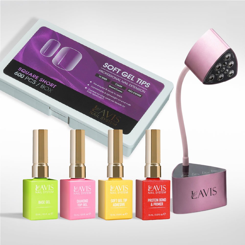 Lavis - Soft Gel Tips & Mini Desktop Nail Lamp Rose Gold/Silver Kit - Square Short Clear Round Corner - DTK Nail Supply