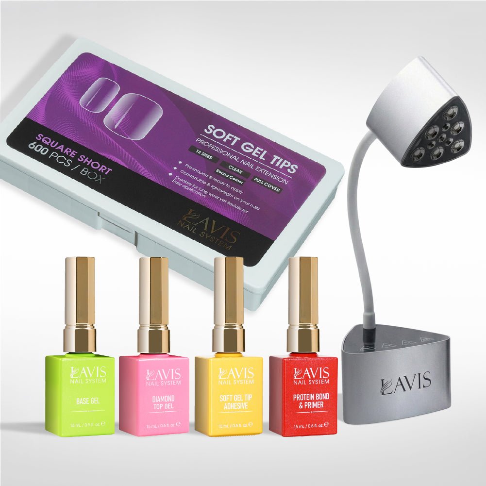 Lavis - Soft Gel Tips & Mini Desktop Nail Lamp Rose Gold/Silver Kit - Square Short Clear Round Corner - DTK Nail Supply