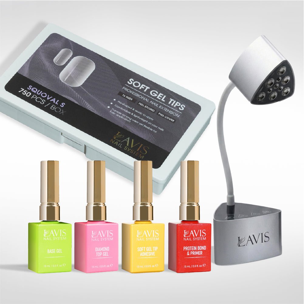 Lavis - Soft Gel Tips & Mini Desktop Nail Lamp Rose Gold/Silver Kit - Squoval S Full Etched - DTK Nail Supply