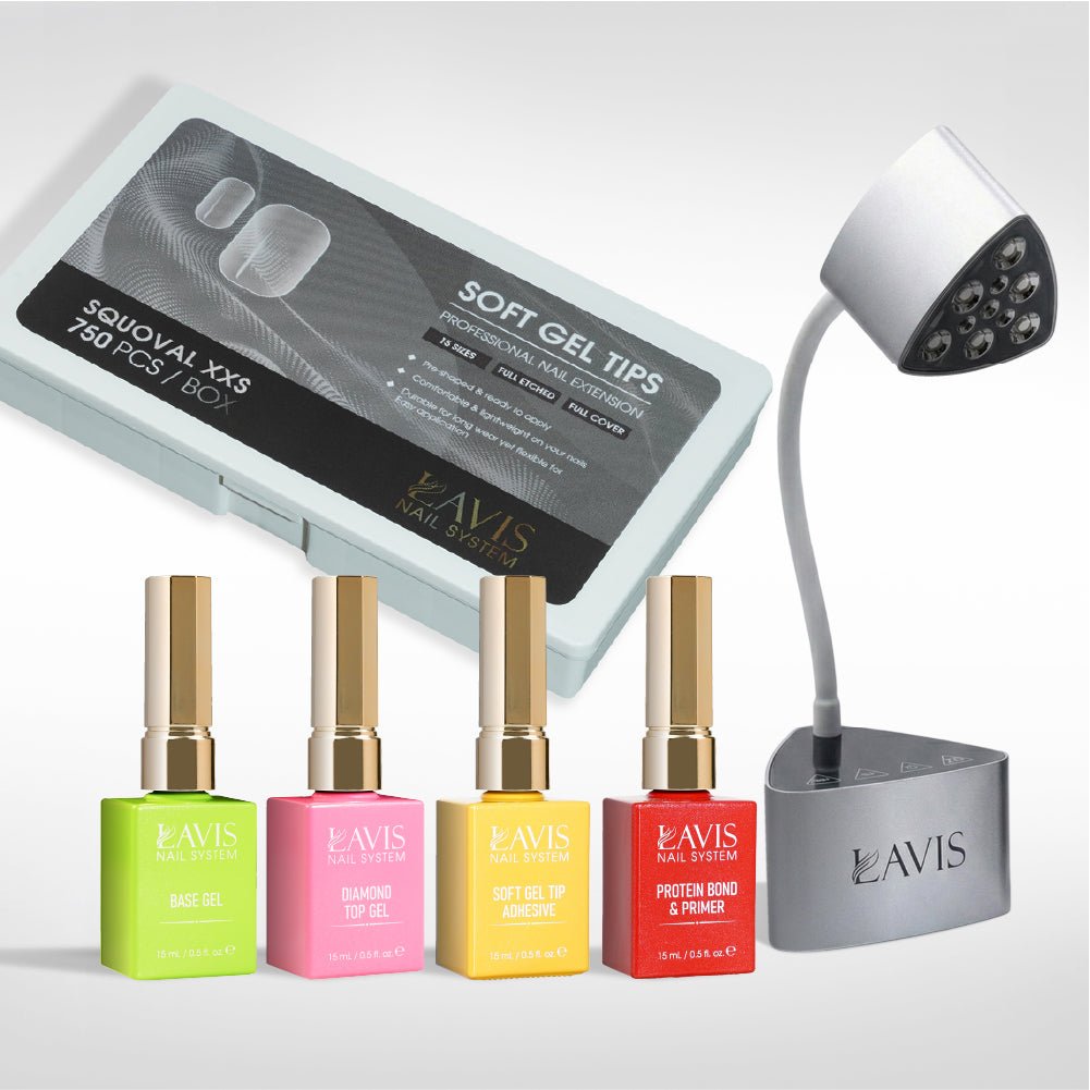 Lavis - Soft Gel Tips & Mini Desktop Nail Lamp Rose Gold/Silver Kit - Squoval XXS Full Etched - DTK Nail Supply