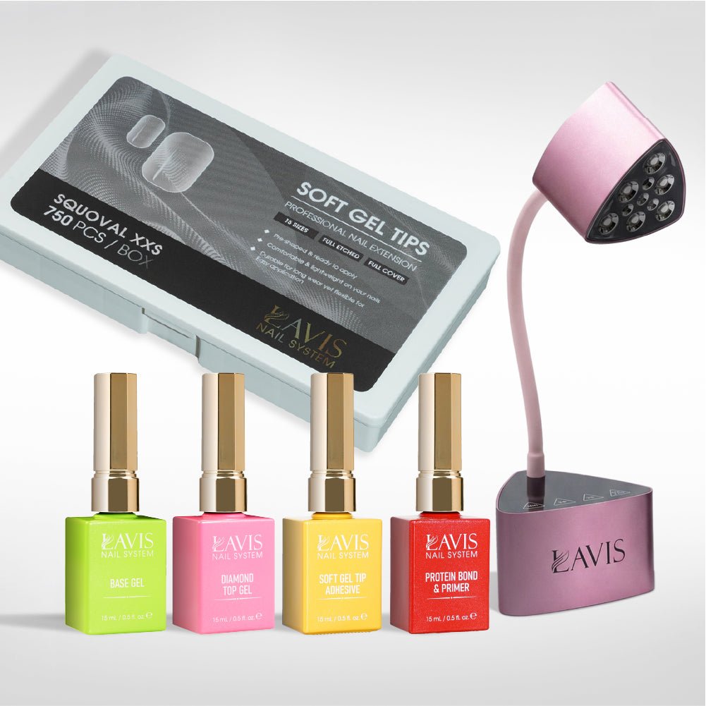 Lavis - Soft Gel Tips & Mini Desktop Nail Lamp Rose Gold/Silver Kit - Squoval XXS Full Etched - DTK Nail Supply