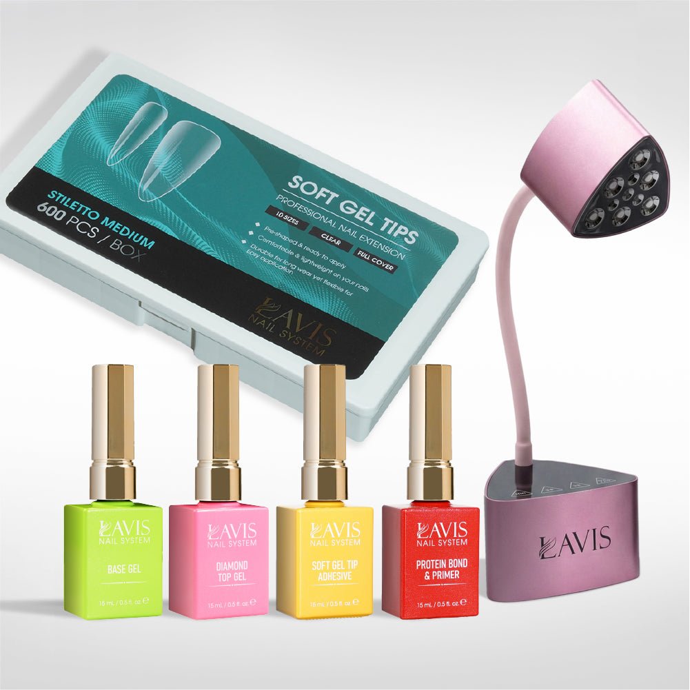Lavis - Soft Gel Tips & Mini Desktop Nail Lamp Rose Gold/Silver Kit - Stiletto Medium Clear - DTK Nail Supply