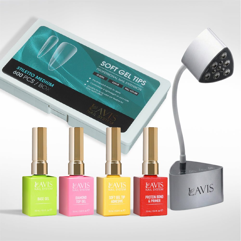 Lavis - Soft Gel Tips & Mini Desktop Nail Lamp Rose Gold/Silver Kit - Stiletto Medium Clear - DTK Nail Supply