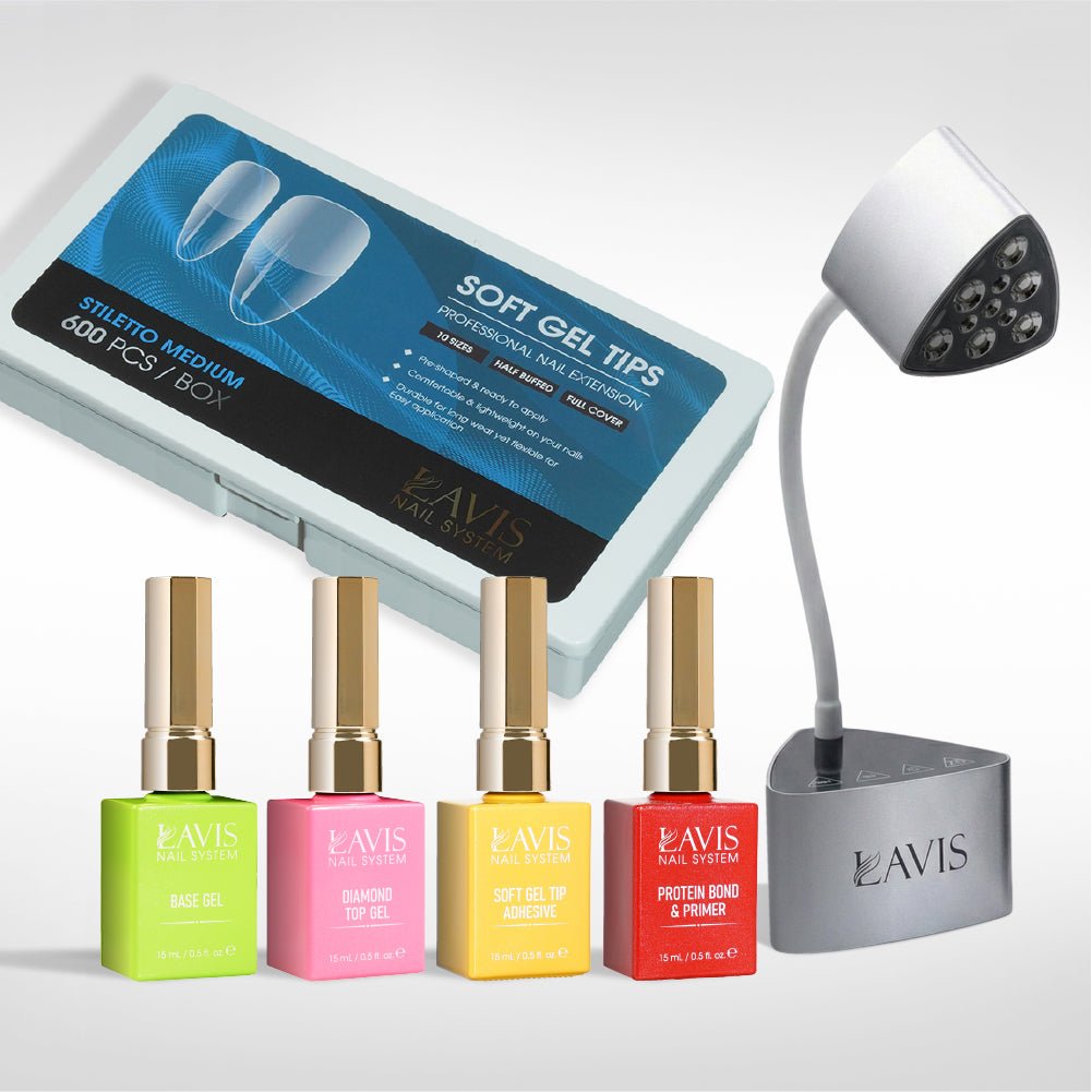 Lavis - Soft Gel Tips & Mini Desktop Nail Lamp Rose Gold/Silver Kit - Stiletto Medium Half Buffed - DTK Nail Supply