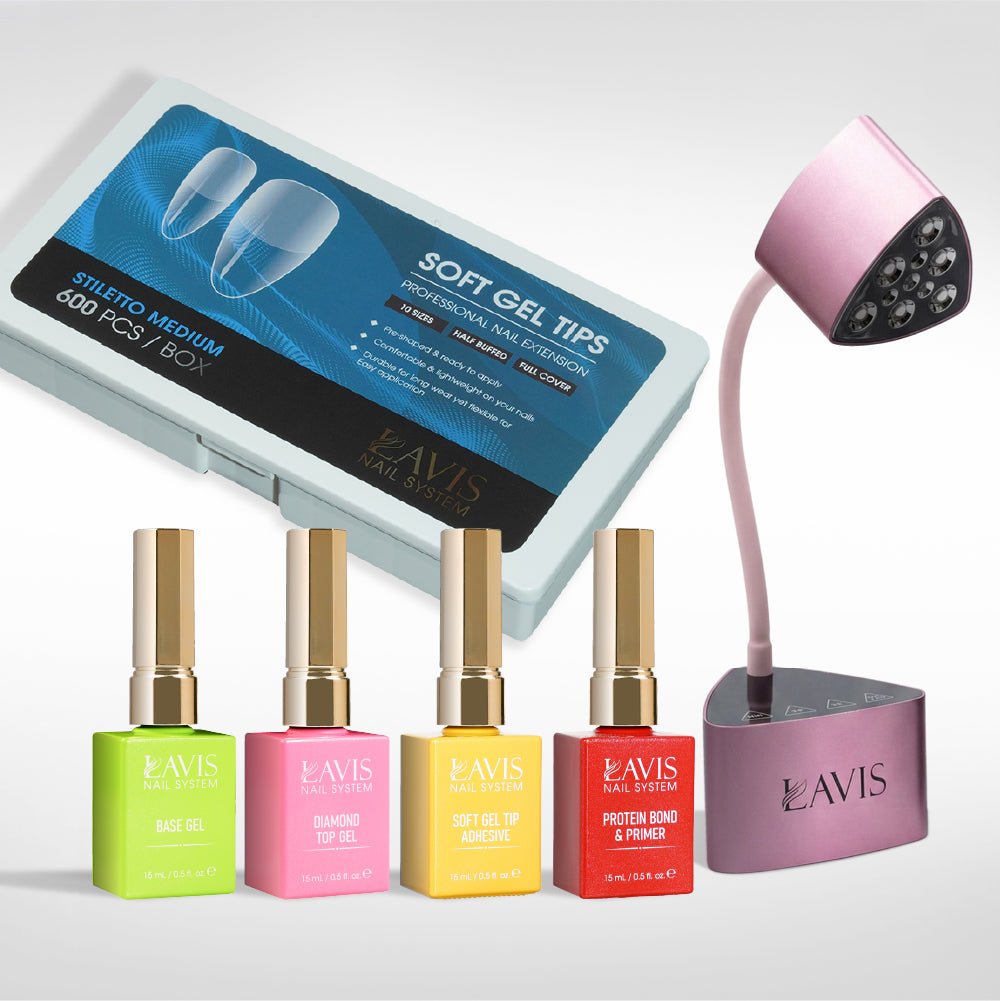 Lavis - Soft Gel Tips & Mini Desktop Nail Lamp Rose Gold/Silver Kit - Stiletto Medium Half Buffed - DTK Nail Supply