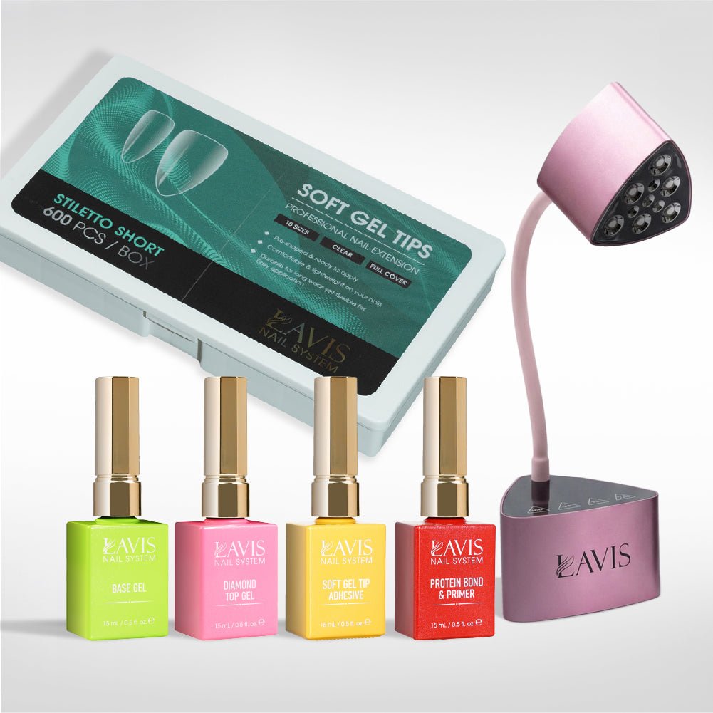 Lavis - Soft Gel Tips & Mini Desktop Nail Lamp Rose Gold/Silver Kit - Stiletto Short Clear - DTK Nail Supply