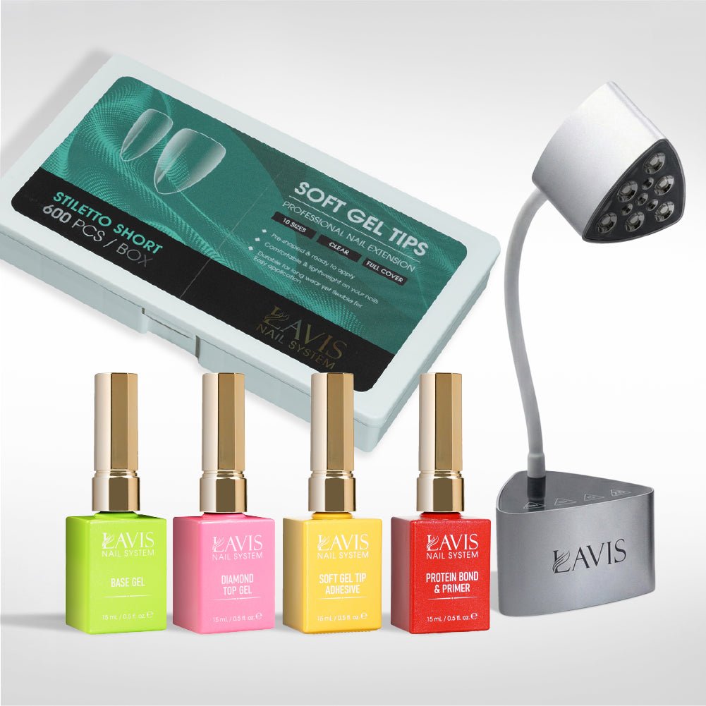Lavis - Soft Gel Tips & Mini Desktop Nail Lamp Rose Gold/Silver Kit - Stiletto Short Clear - DTK Nail Supply