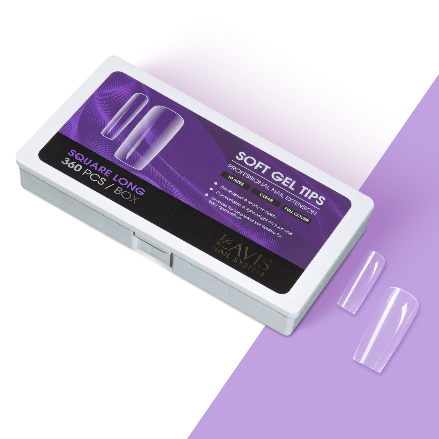 LAVIS Square Long - 10 Sizes Clear - Soft Gel Tips - DTK Nail Supply