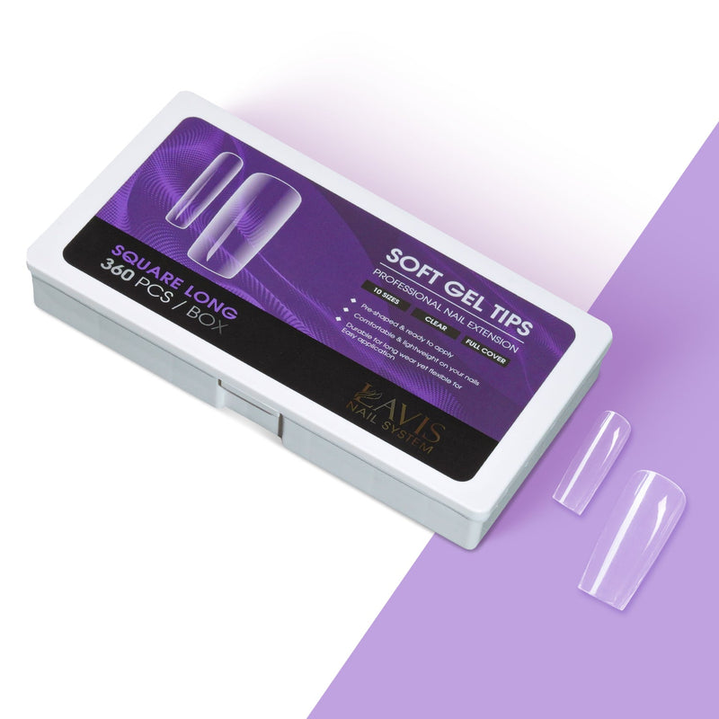 LAVIS Square Long - 10 Sizes Clear - Soft Gel Tips - DTK Nail Supply
