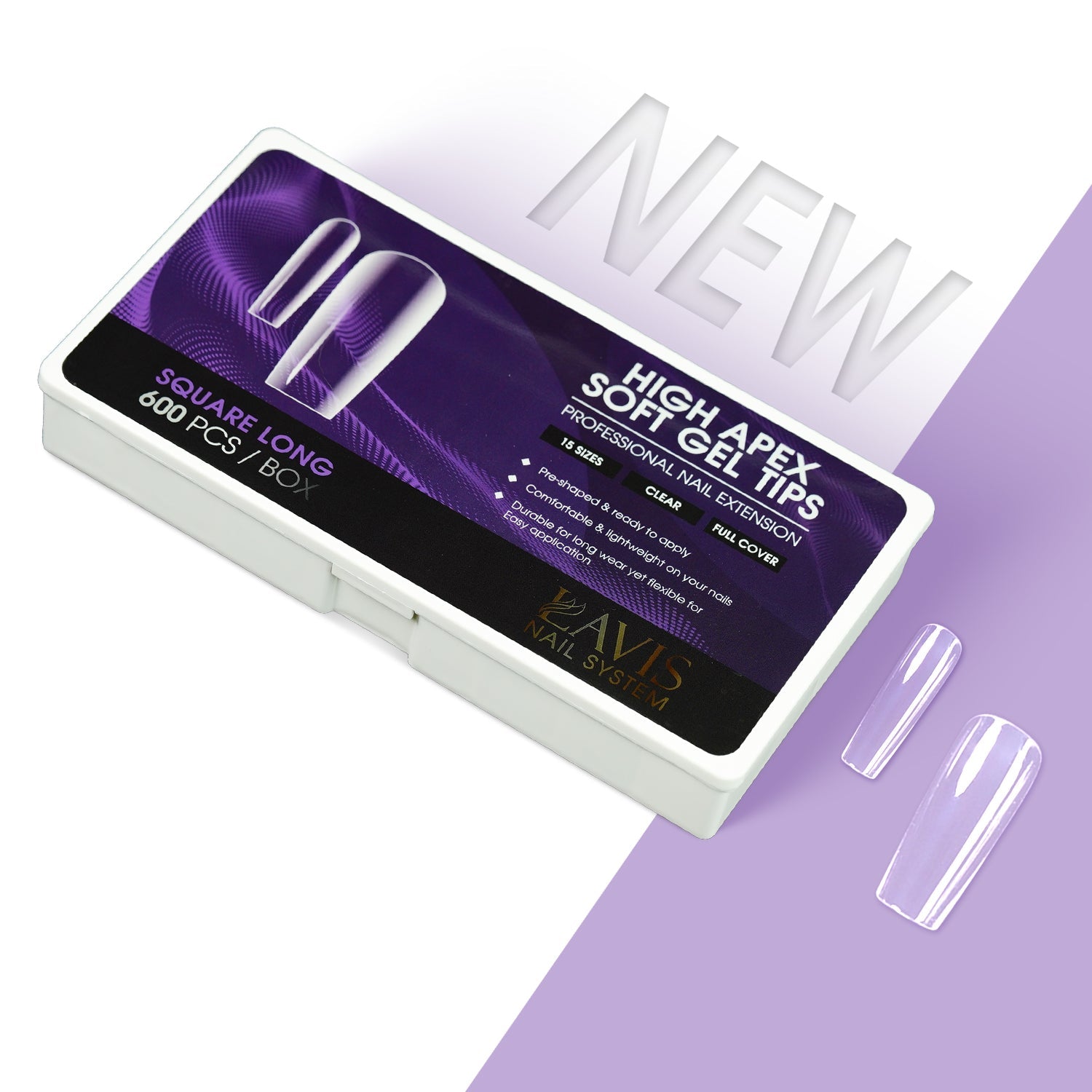 LAVIS Square Long - 15 Sizes Clear - High Apex Soft Gel Tips - DTK Nail Supply