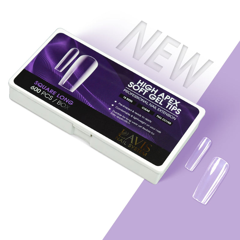 LAVIS Square Long - 15 Sizes Clear - High Apex Soft Gel Tips - DTK Nail Supply