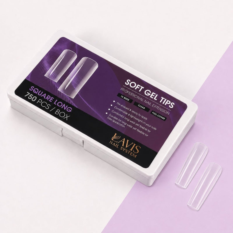 LAVIS Square Long - 15 Sizes Clear - Soft Gel Tips - DTK Nail Supply