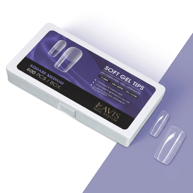 LAVIS Square Medium - 12 Sizes Half Buffed - Soft Gel Tips - DTK Nail Supply