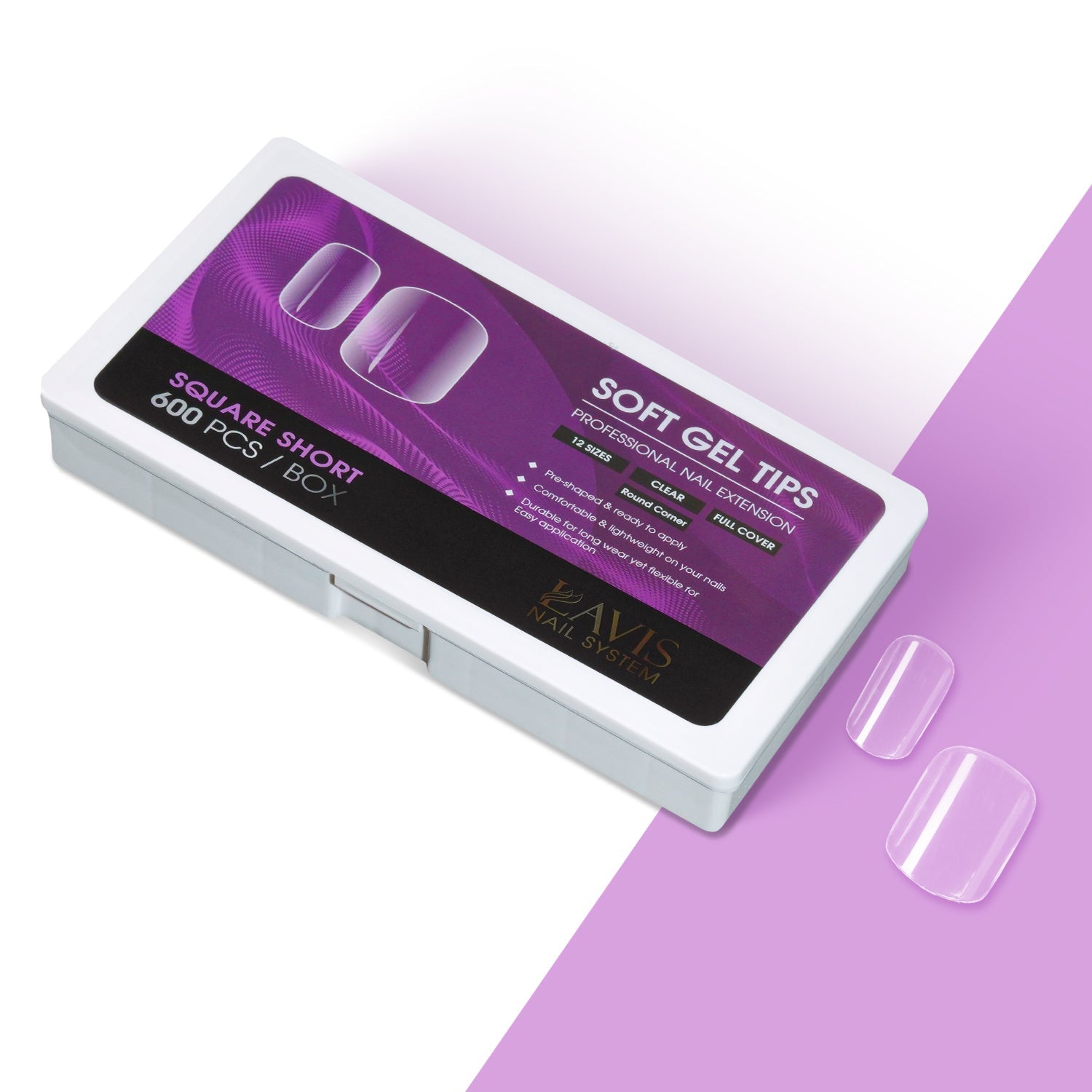 LAVIS Square Short - 12 Sizes Clear Round Corner - Soft Gel Tips - DTK Nail Supply