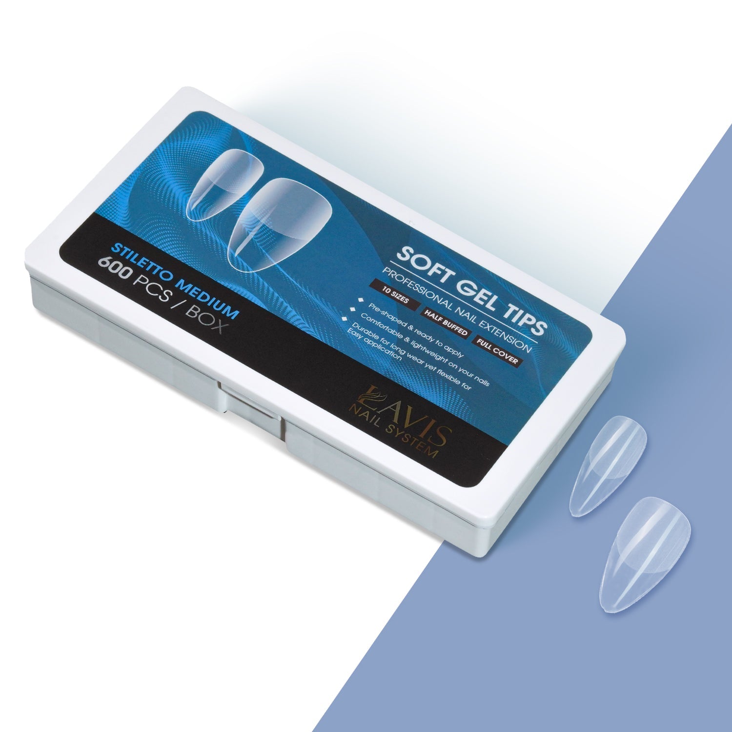 LAVIS Stiletto Medium - 10 Sizes Half Buffed - Soft Gel Tips - DTK Nail Supply