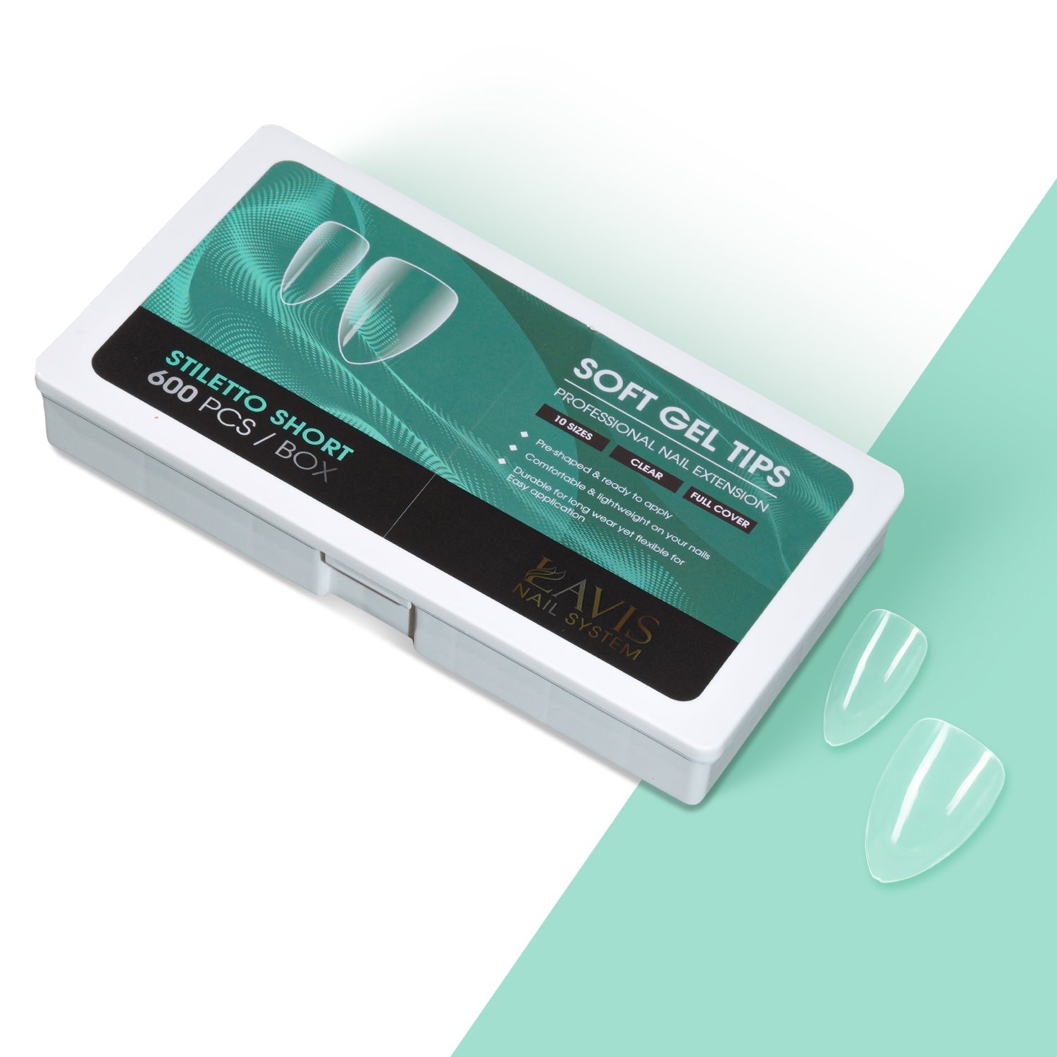 LAVIS Stiletto Short - 10 Sizes Clear - Soft Gel Tips - DTK Nail Supply