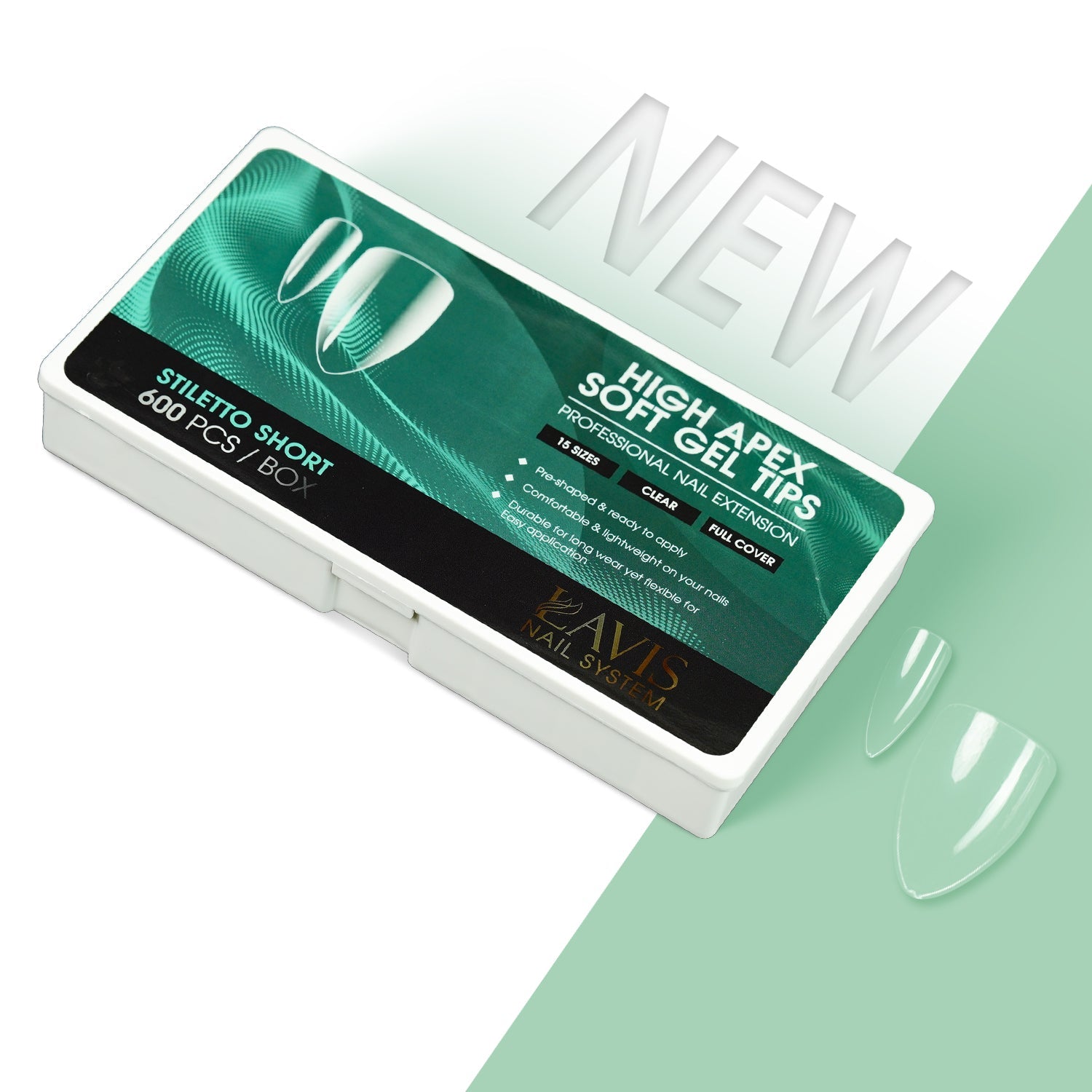 LAVIS Stiletto Short - 15 Sizes Clear - High Apex Soft Gel Tips - DTK Nail Supply