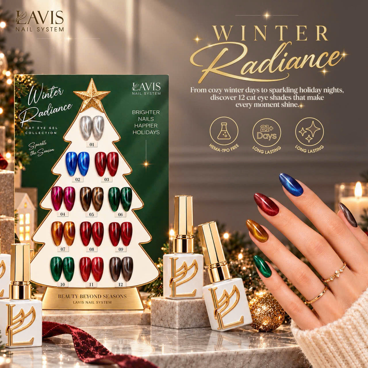 LAVIS Cat Eye - Set 12 Colors - Gel Polish 0.5 oz - Winter Radiance Collection + FREE Sample Color Chart + FREE Cat Eye Magnet (6in1 or 5in1) - DTK Nail Supply