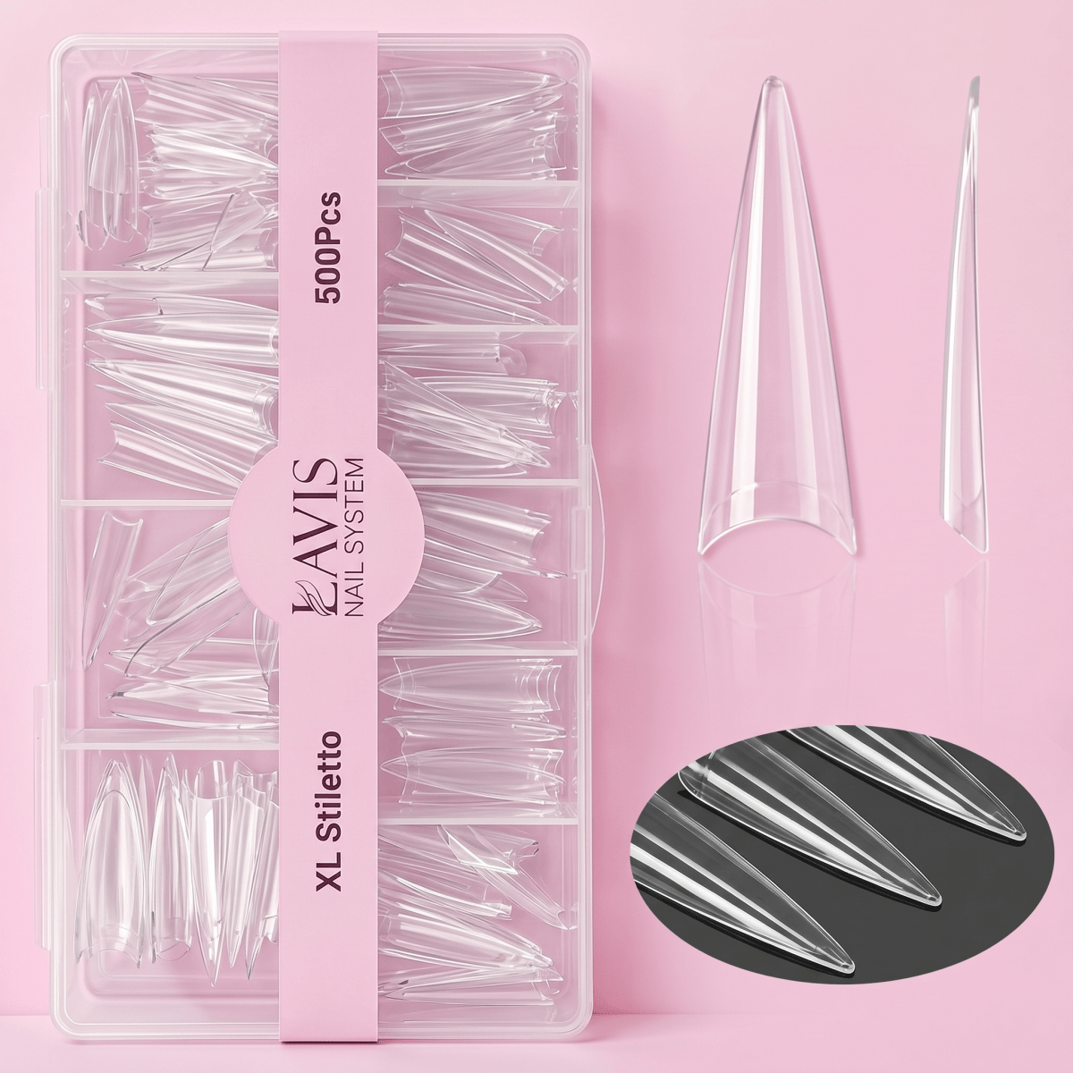 Lavis - XL Stiletto - Clear - 500 Pcs - DTK Nail Supply