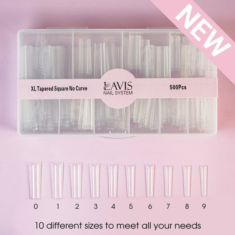 LAVIS - XL TAPERED SQUARE NO CURVE - Clear - 500 Pcs - DTK Nail Supply