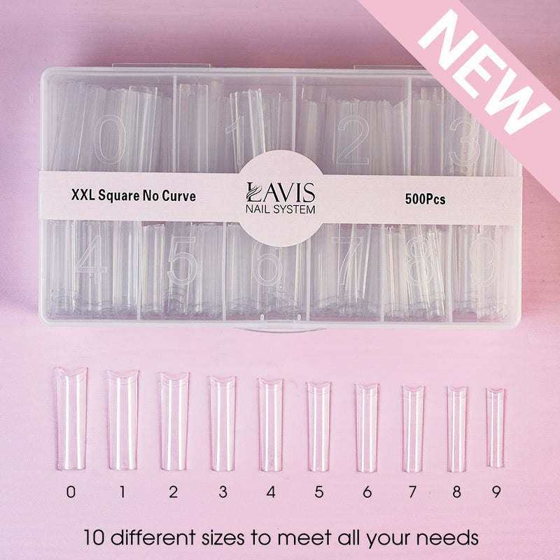 LAVIS - XXL SQUARE NO CURVE - Clear - 500 Pcs - DTK Nail Supply