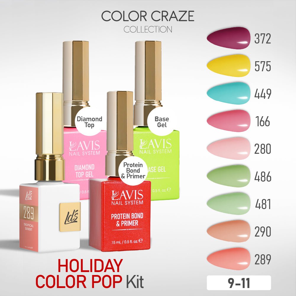 LDS Gel Kit 9 - 11 - Holiday Color Pop Collection + Base & Top - DTK Nail Supply