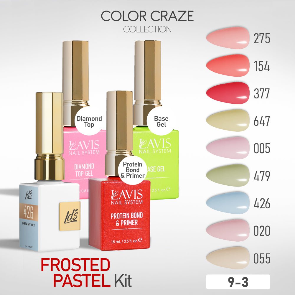 LDS Gel Kit 9 - 3 - Frosted Pastel Collection + Base & Top - DTK Nail Supply