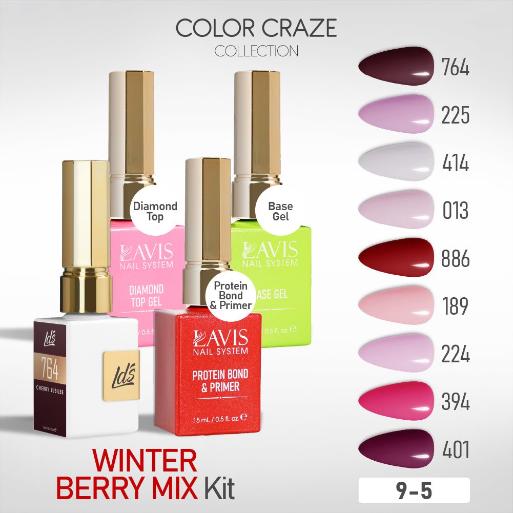LDS Gel Kit 9 - 5 - Winter Berry Mix Collection + Base & Top - DTK Nail Supply