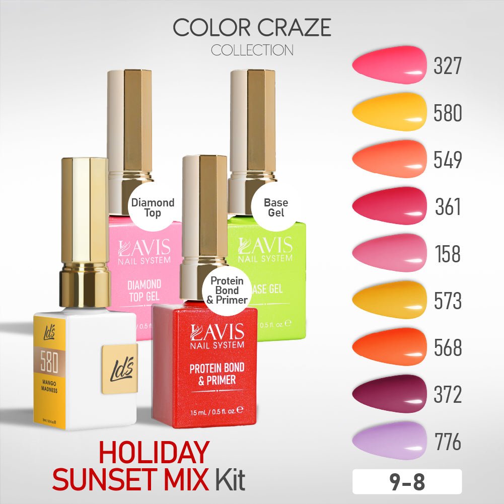LDS Gel Kit 9 - 8 - Holiday Sunset Mix Collection + Base & Top - DTK Nail Supply