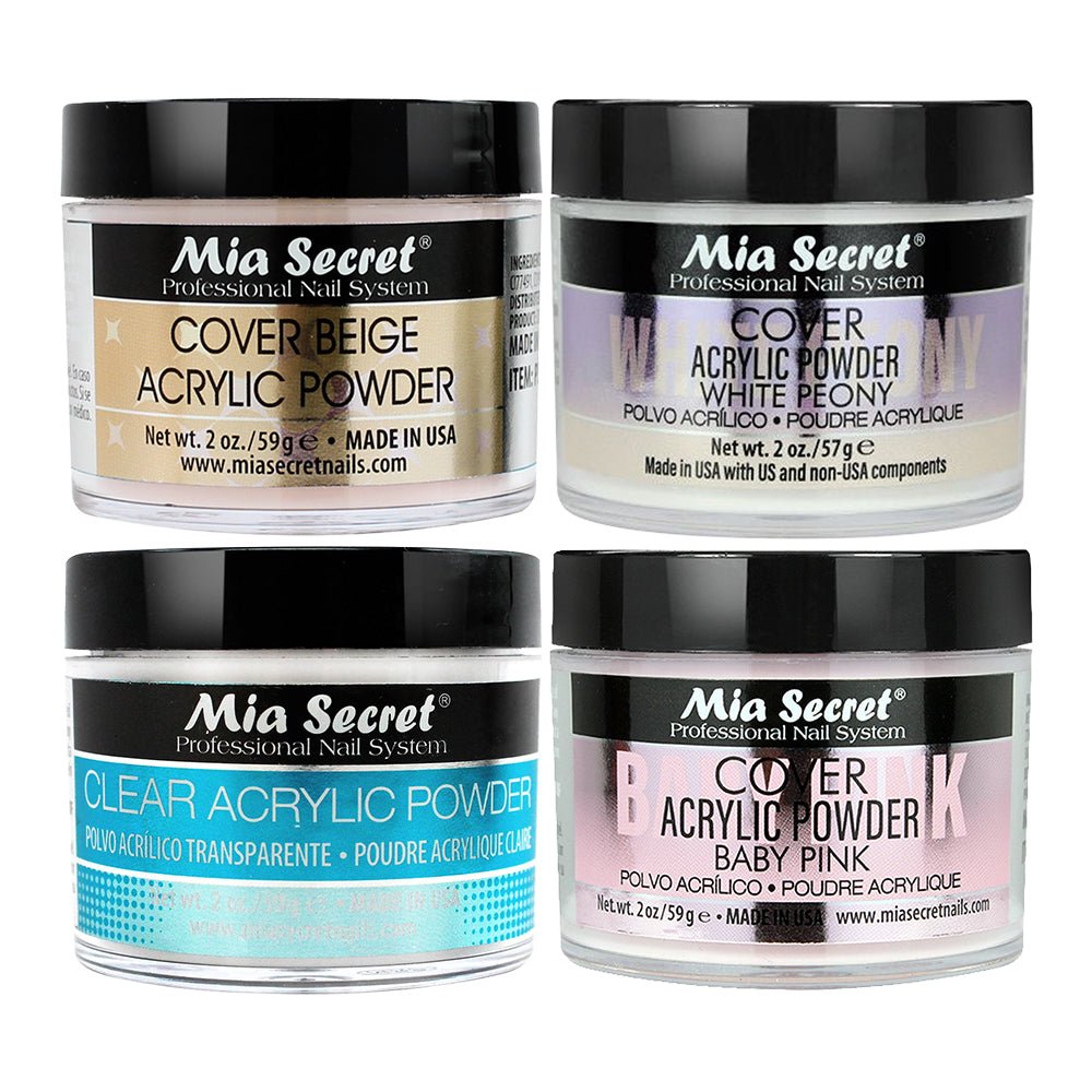 Mia Secret Kit 1: White Acrylic Powder, Cover Baby Pink, Cover Beige, Clear Acrylic Powder 2oz - DTK Nail Supply