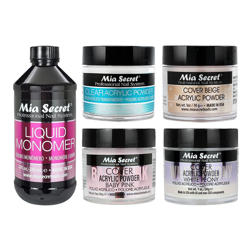 Mia Secret Kit 5: White Acrylic Powder, Cover Baby Pink, Cover Beige, Clear Acrylic Powder 1oz, Nail Liquid Monomer - DTK Nail Supply