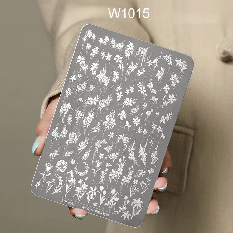 Nail Printing Steel Plate W1015 - Hand drawn A flowers - DTK Nail Supply