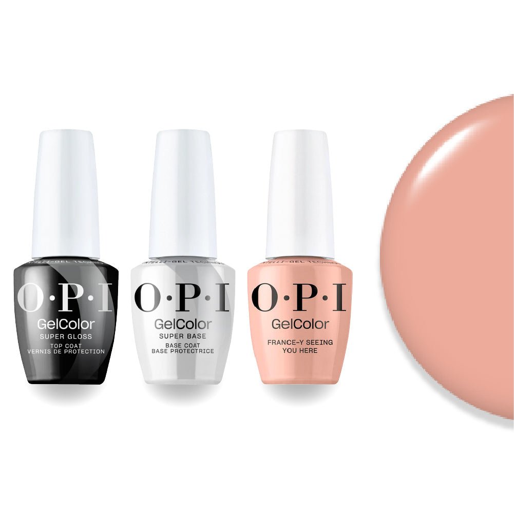OPI F039 France-y Seeing You Here - Peach, Pink - Intelli-Gel Combo - Super Base Coat, Super Gloss Top Coat - DTK Nail Supply