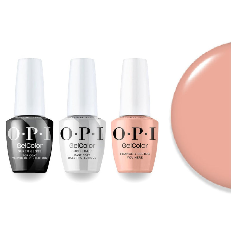 OPI F039 France-y Seeing You Here - Peach, Pink - Intelli-Gel Combo - Super Base Coat, Super Gloss Top Coat - DTK Nail Supply