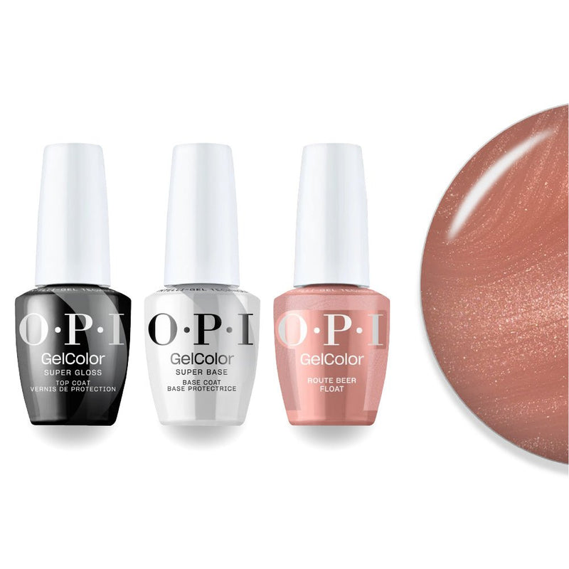 OPI F043 Route Beer Float - Brown, Orange - Intelli-Gel Combo - Super Base Coat, Super Gloss Top Coat - DTK Nail Supply