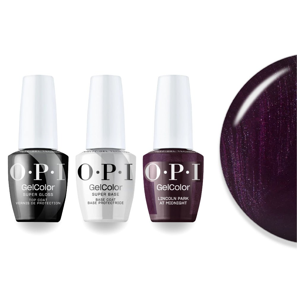 OPI F046 Lincoln Park at Midnight - Purple, Red - Intelli-Gel Combo - Super Base Coat, Super Gloss Top Coat - DTK Nail Supply