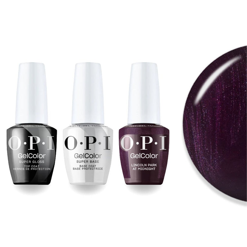 OPI F046 Lincoln Park at Midnight - Purple, Red - Intelli-Gel Combo - Super Base Coat, Super Gloss Top Coat - DTK Nail Supply