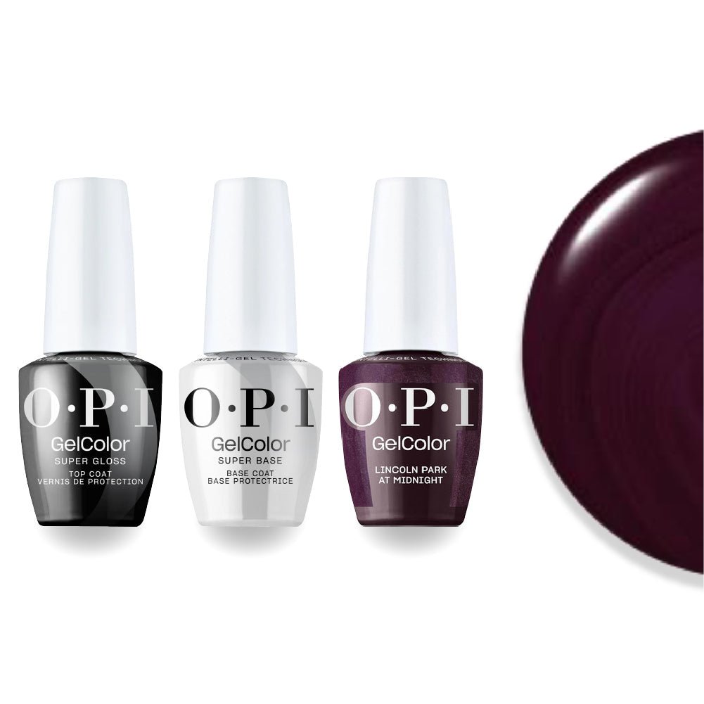 OPI F046 Lincoln Park at Midnight - Purple, Red - Intelli-Gel Combo - Super Base Coat, Super Gloss Top Coat - DTK Nail Supply