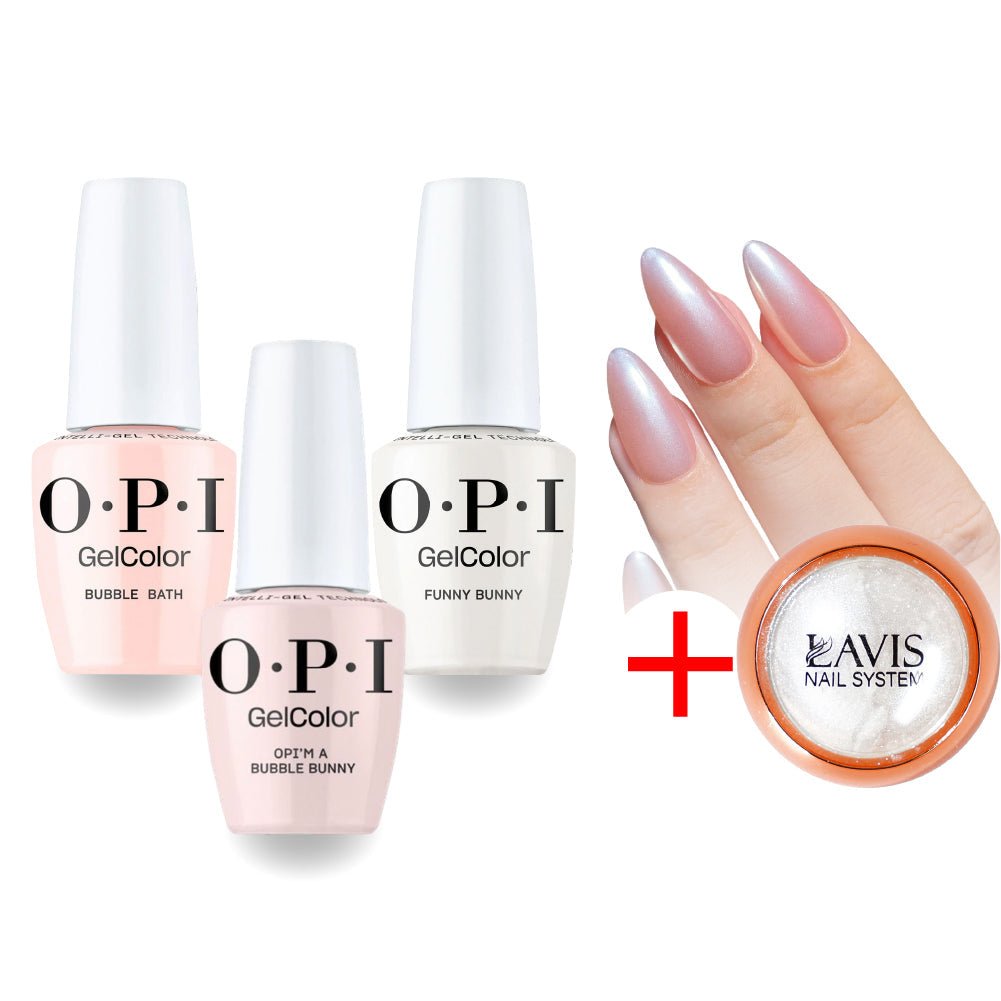 OPI S86 Bubble Bath, S061 Bubble Bunny, H22 Funny Bunny Intelli-Gel Combo - Set 3, FREE 1 Chrome Powder - DTK Nail Supply