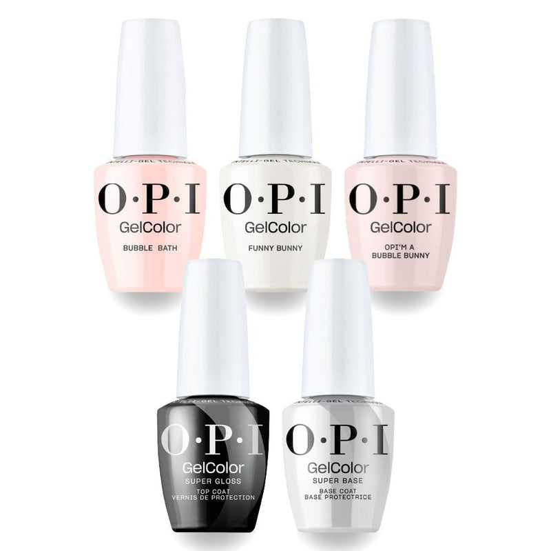 OPI S86 Bubble Bath, S061 Bubble Bunny, H22 Funny Bunny Intelli-Gel Combo - Super Base Coat, Super Gloss Top Coat - Set 5 - DTK Nail Supply