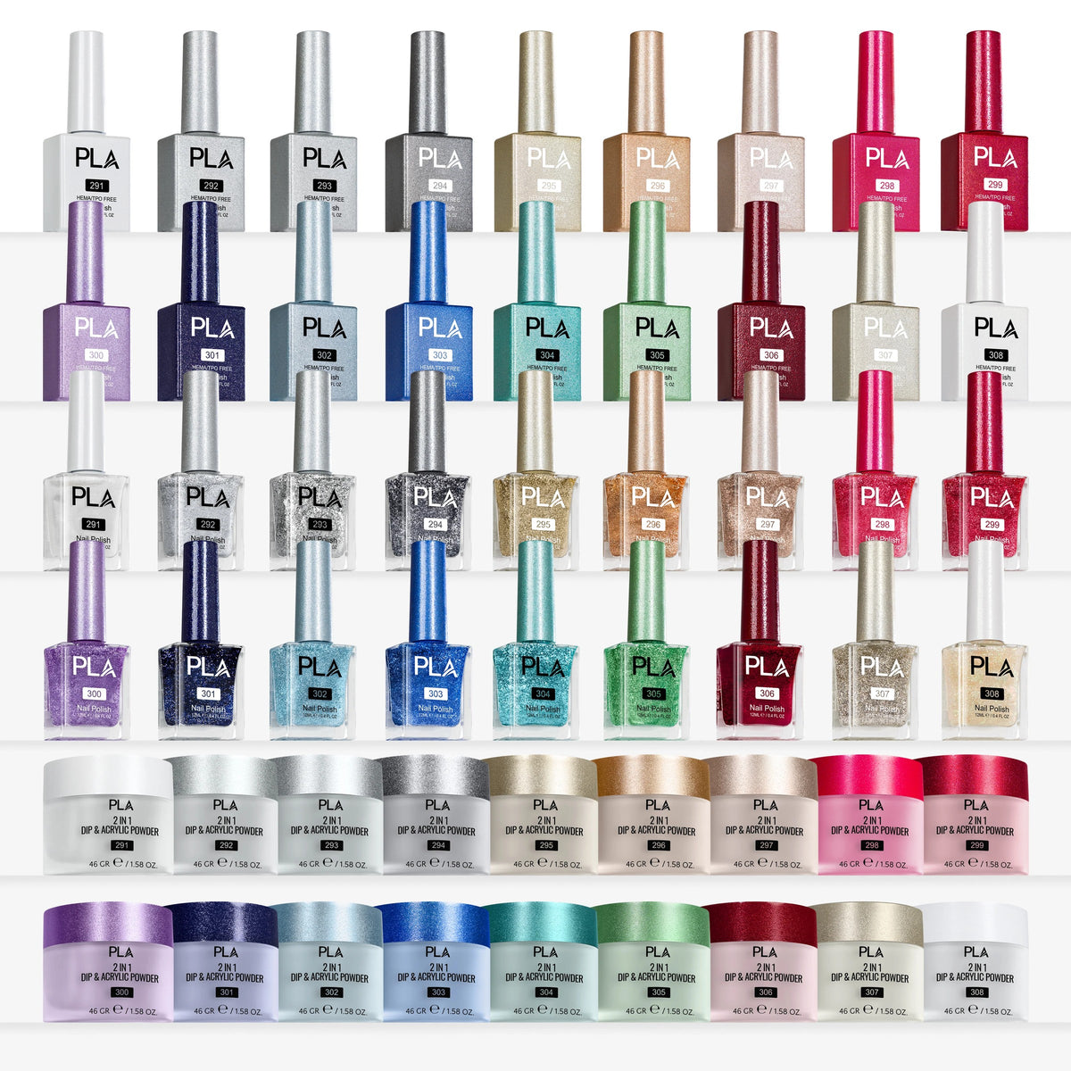 PLA Glitter Collection - Set of 18 Colors - Gel Polish, Nail Lacquer & Dip Powder - DTK Nail Supply