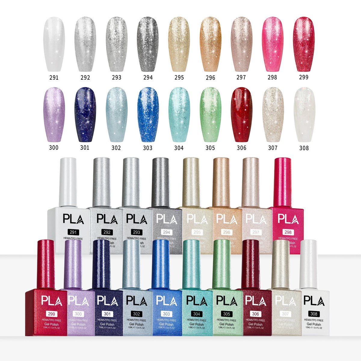 PLA Glitter Collection - Set of 18 Colors - Gel Polish, Nail Lacquer & Dip Powder - DTK Nail Supply