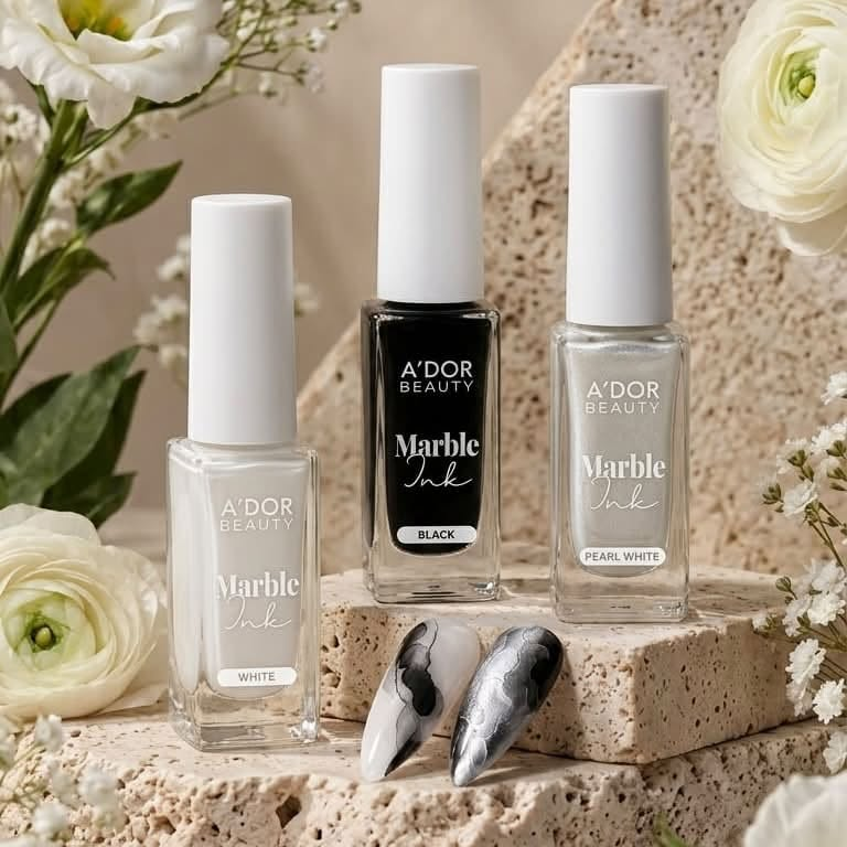 A'DOR Marble Ink Set 3 Colors - Black, White & Pearl White 10ml Nail Art Liner Ink - DTK Nail Supply