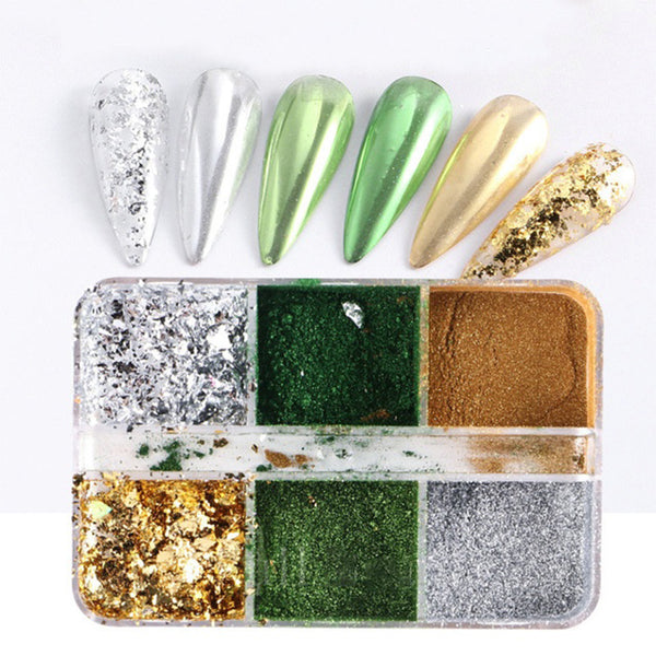 6 Grids of Mixed Nail Art - Chrome & Foil - 1909-39 - #4 Green