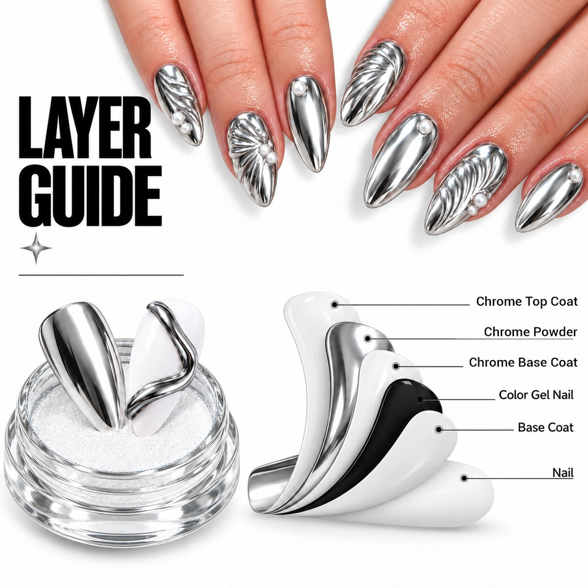 SNS Chrome Powder - Set 12 Colors with SNS Chrome Base & Chrome Top - DTK Nail Supply